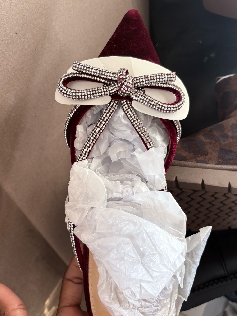 Women's Crystal Bow Pointed Flat - Burgundy Velvet